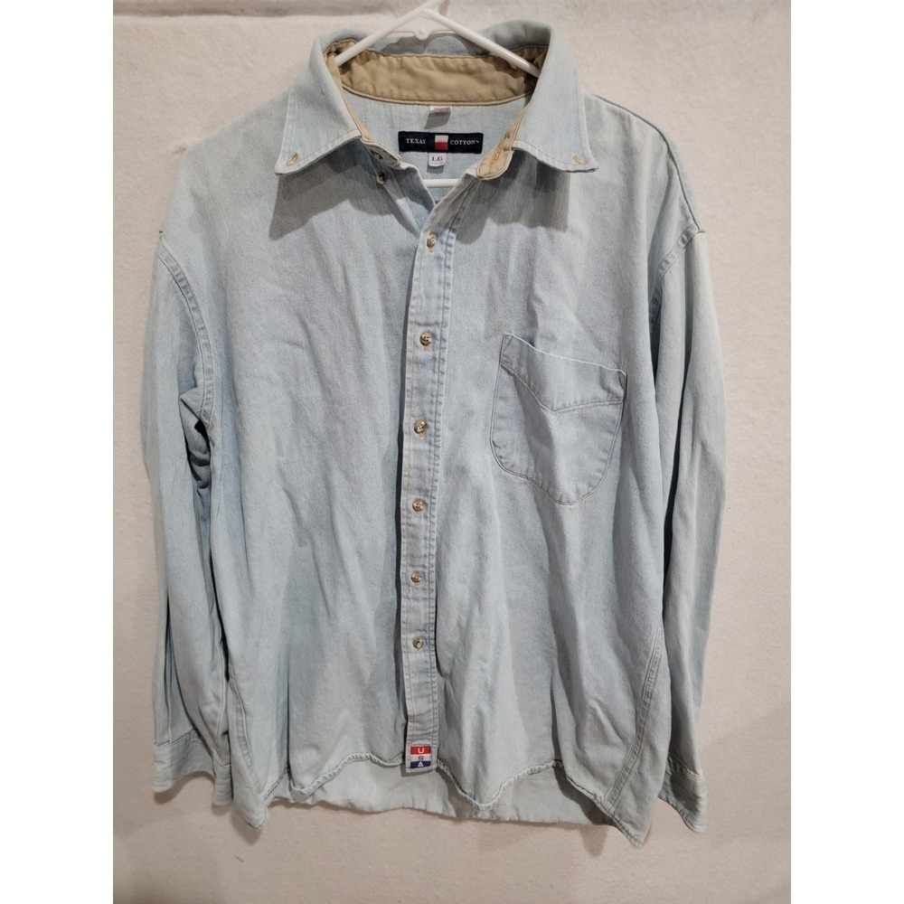 Texas Cotton‎ Men's Large L Blue Denim Long Sleeve Shirt MADE IN TEXAS USA
